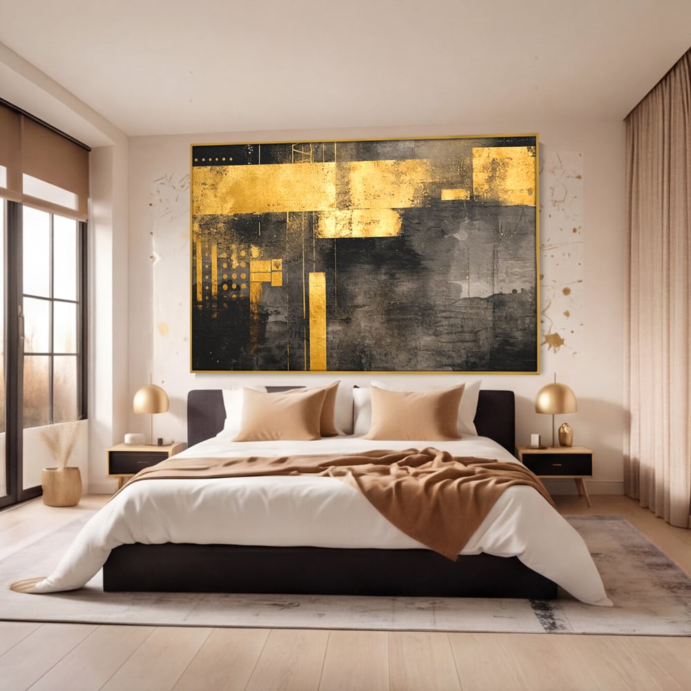 Tablou canvas cu pictura abstracta cu forme geometrice aurii, in rama de aluminiu auriu, pe perete intr-un dormitor